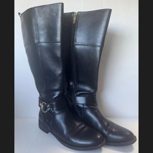 Tommy Hilfiger Black Faux Leather Tall Boots 7.5 M WC Buckle Side Zipper